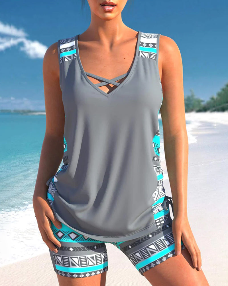 DMT | Tankini-Set | Sommerliches Tankini-Set mit geometrischem V-Ausschnitt