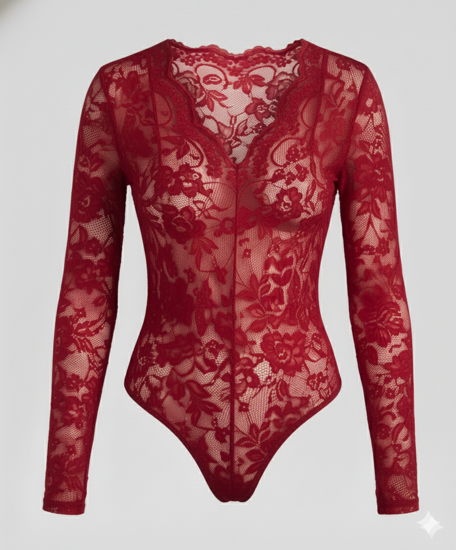 Damen Spitzenbody Langarm V-Ausschnitt