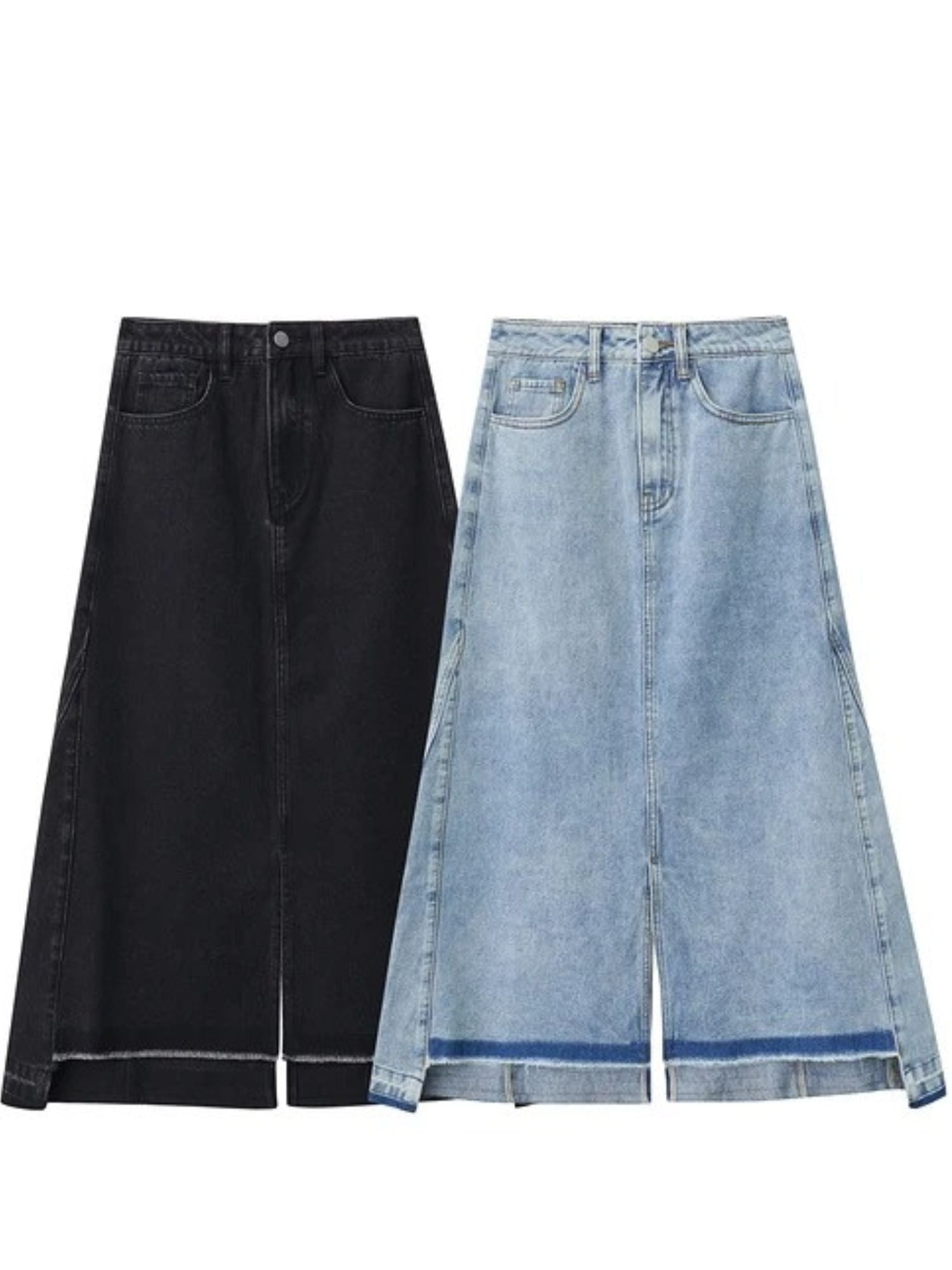 Schwarzer Midirock mit Schlitz, seitliche Ansicht beim Gehen.
