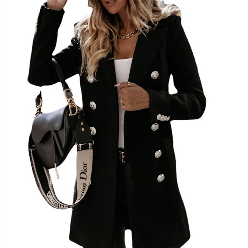 Deutsche Mode Trends | Wollmantel Eleganter langer Trenchcoat in Wolloptik mit Knöpfen