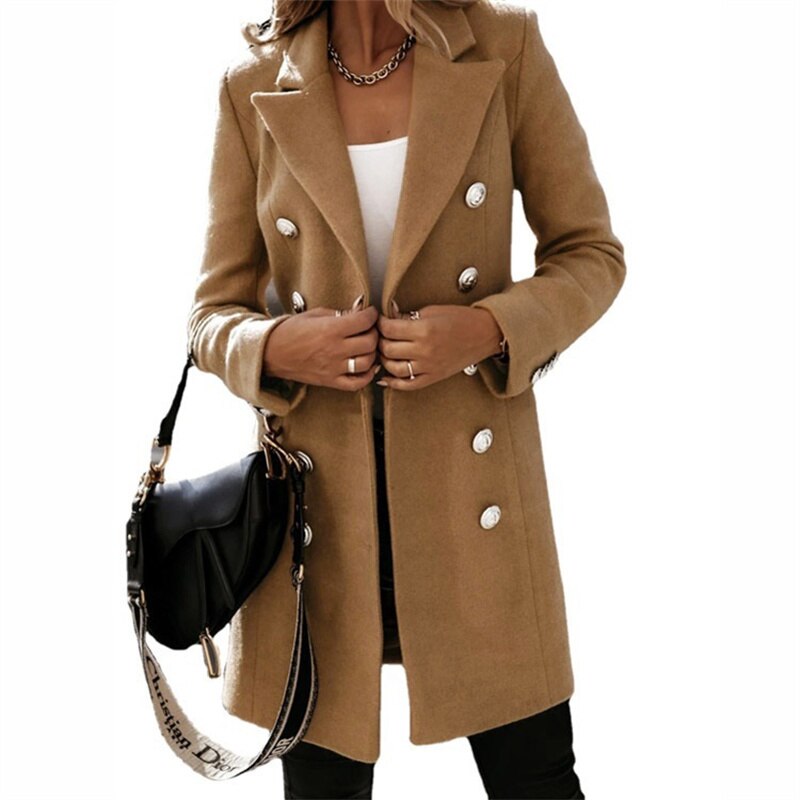 Deutsche Mode Trends | Wollmantel Eleganter langer Trenchcoat in Wolloptik mit Knöpfen