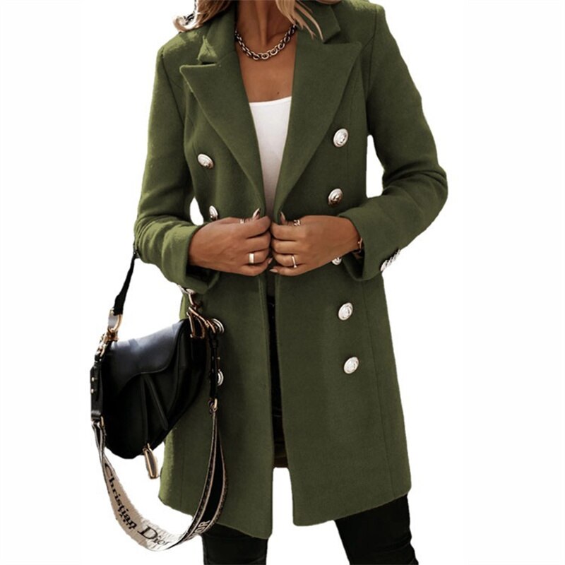 Deutsche Mode Trends | Wollmantel Eleganter langer Trenchcoat in Wolloptik mit Knöpfen