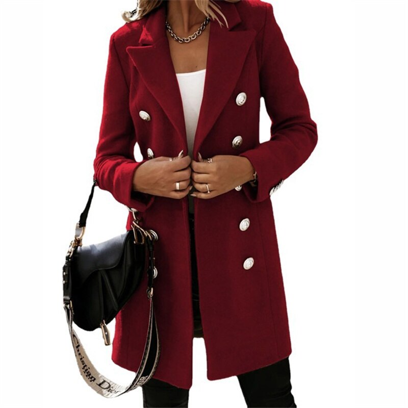 Deutsche Mode Trends | Wollmantel Eleganter langer Trenchcoat in Wolloptik mit Knöpfen