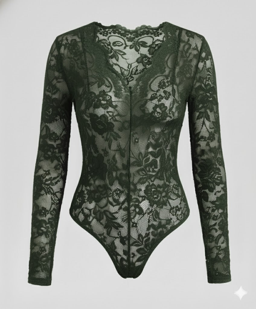 Damen Spitzenbody Langarm V-Ausschnitt