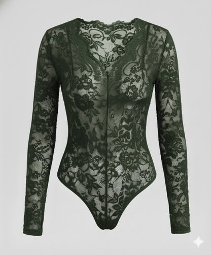 Damen Spitzenbody Langarm V-Ausschnitt