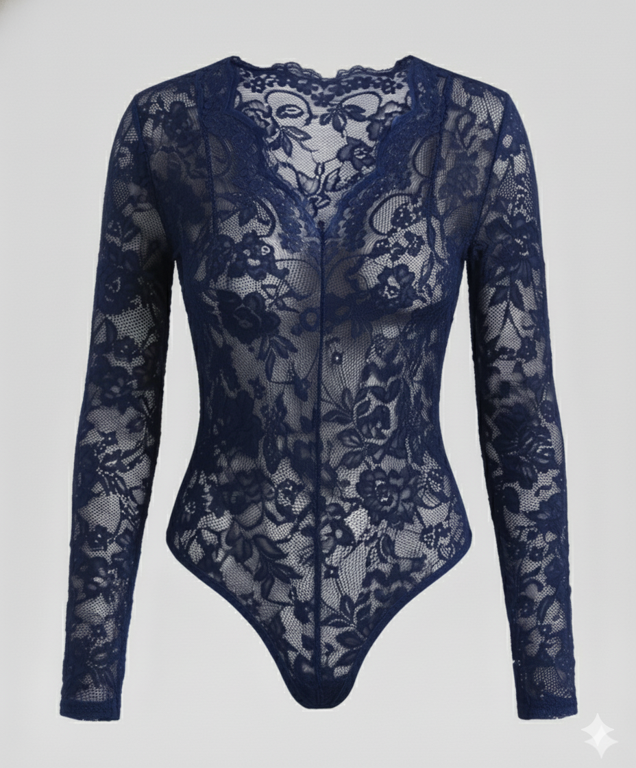 Damen Spitzenbody Langarm V-Ausschnitt