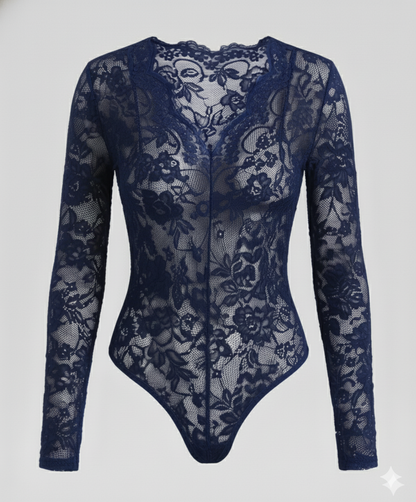 Damen Spitzenbody Langarm V-Ausschnitt