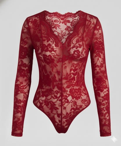 Damen Spitzenbody Langarm V-Ausschnitt