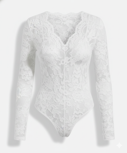 Damen Spitzenbody Langarm V-Ausschnitt