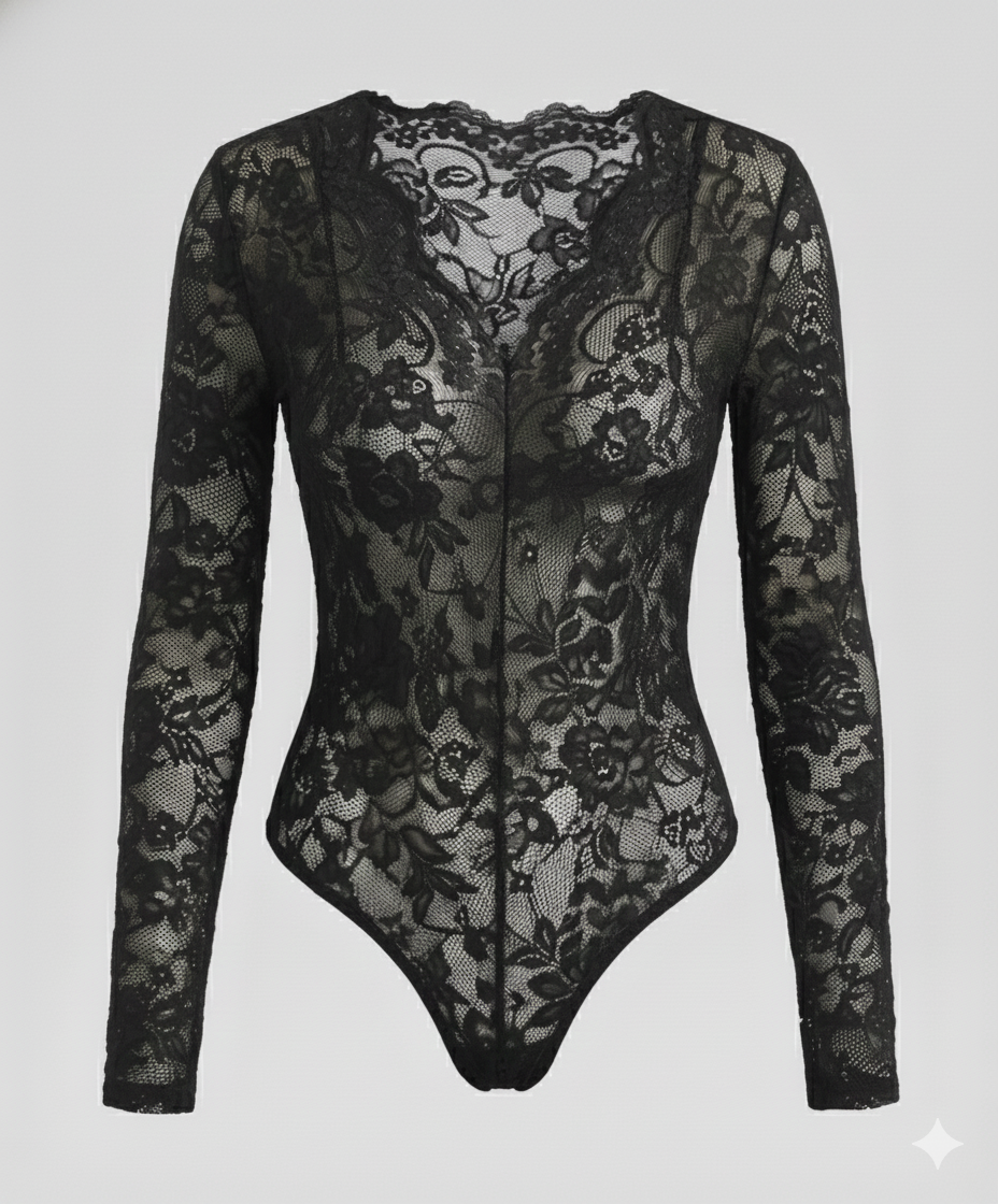 Damen Spitzenbody Langarm V-Ausschnitt