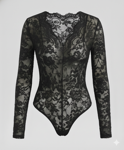 Damen Spitzenbody Langarm V-Ausschnitt