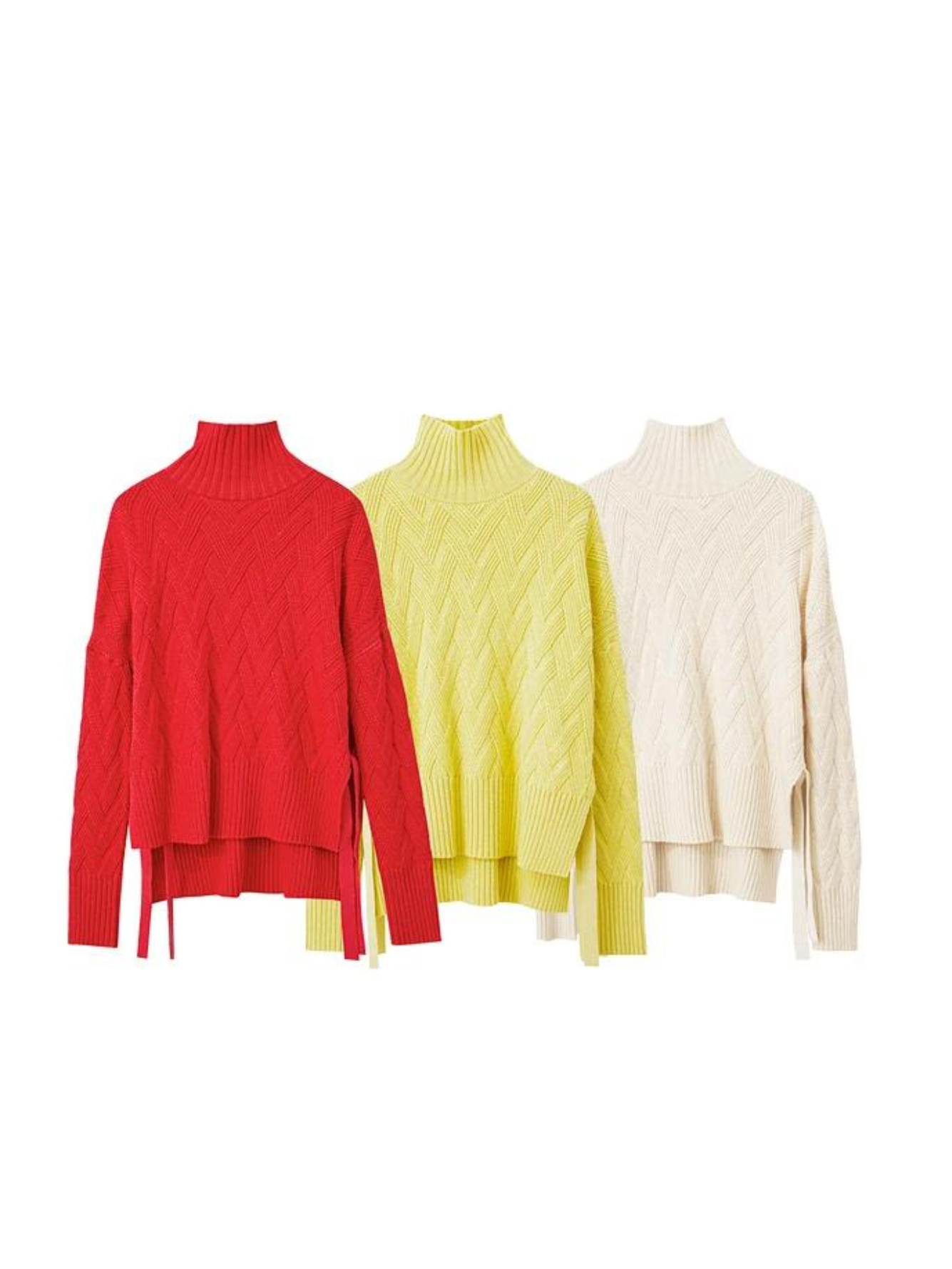 Three turtle neck knit sweaters with a tie design on the side in three colors: red, lime green, and cream against a plain white background.