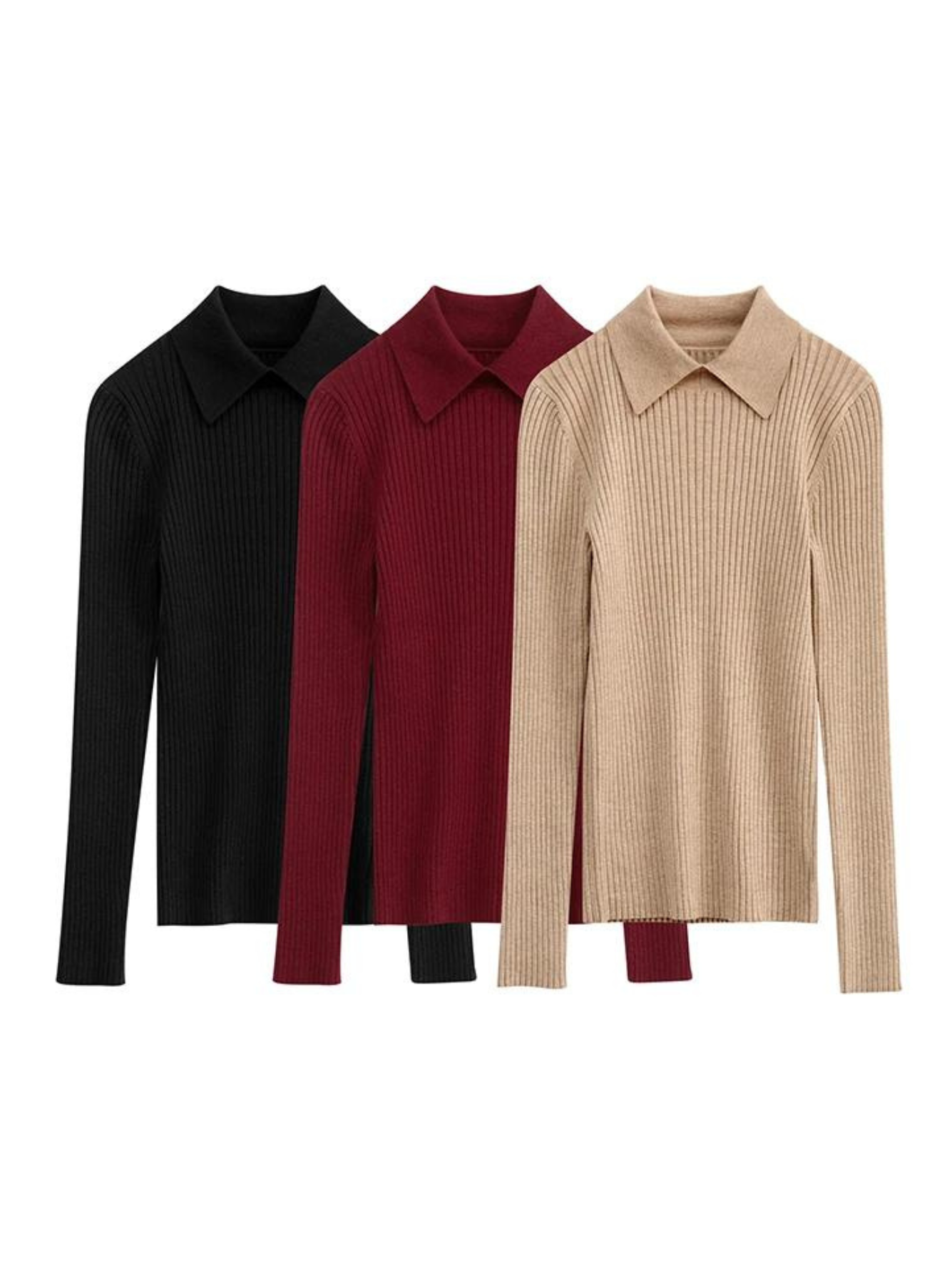 Three ribbed sweaters with a classic polo collar in three shades: Black, wine red, and khaki