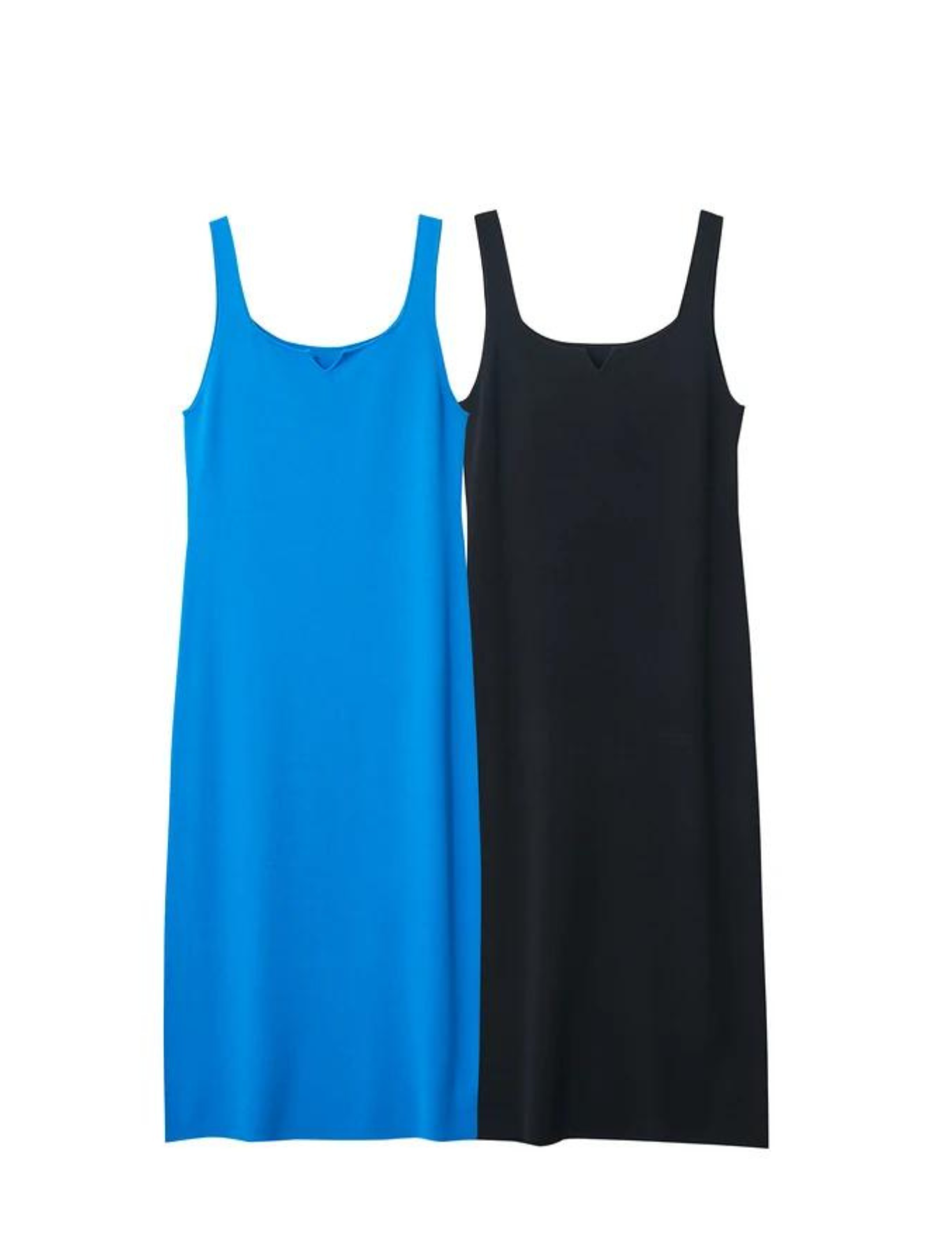 Two simple, minimalist, sleeveless midi dresses with a v-cut out in the neckline in two colors: blue and black.