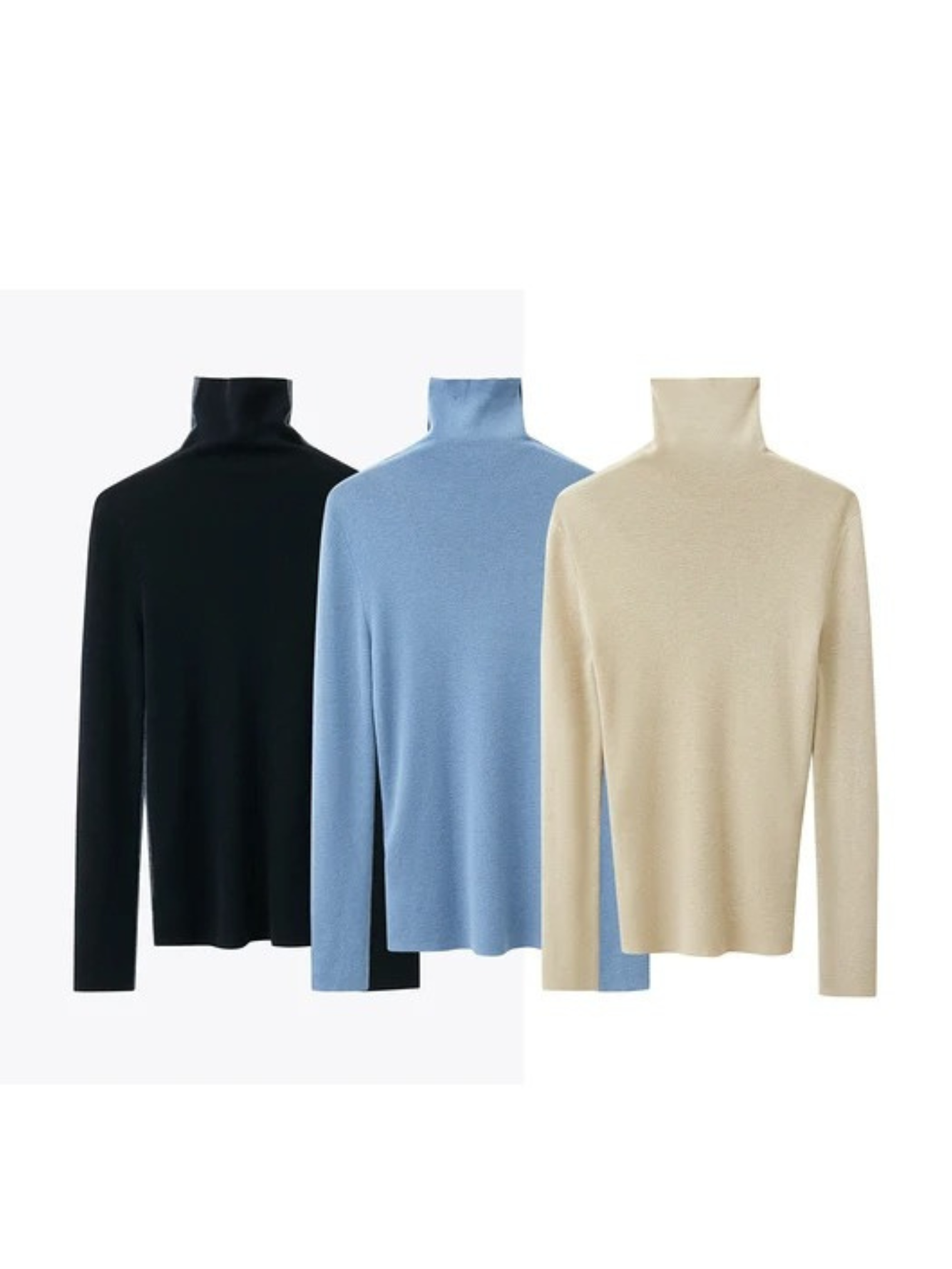 Mock neck, fitted sweaters in three colors: Black, light blue and light yellow.