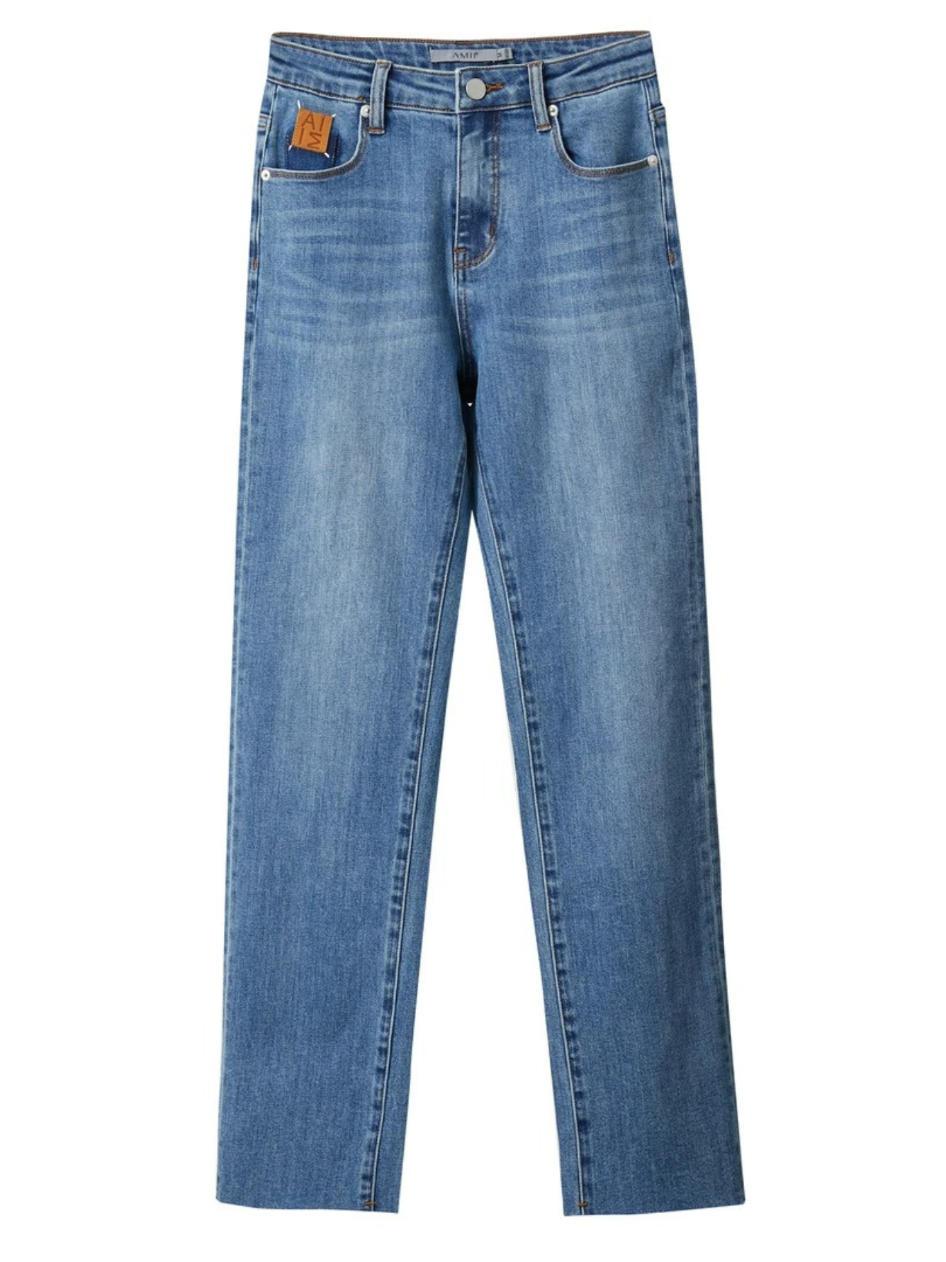 The front side of a pair of denim blue, pencil cut, ankle length, jeans.