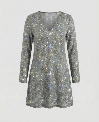 Damen Pailletten Kleid Langarm
