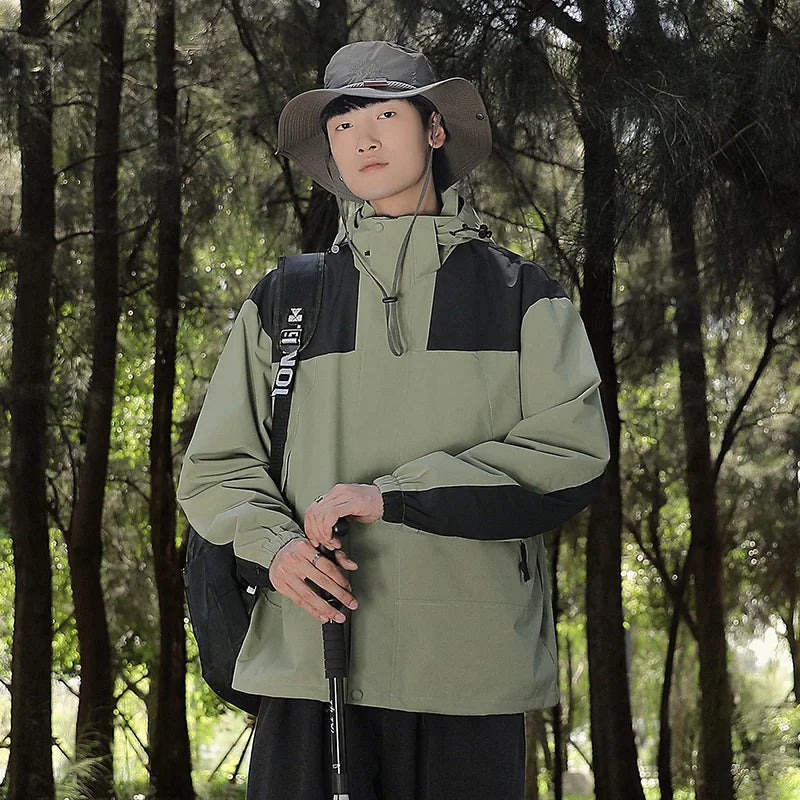 DMT | Unisex Outdoor winddichte und wasserdichte Kapuzenjacken mit langen Ärmeln und farblich passendem Reißverschluss