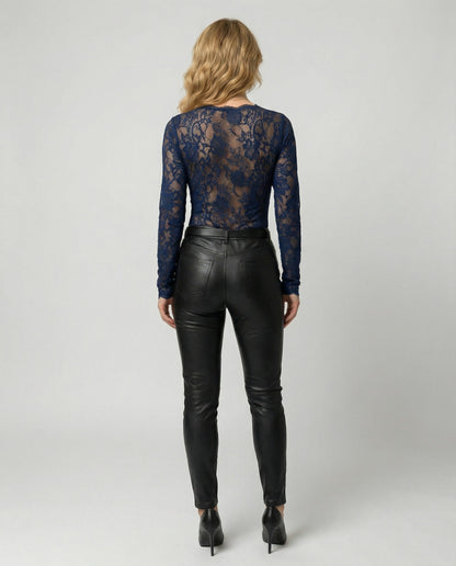 Damen Spitzenbody Langarm V-Ausschnitt